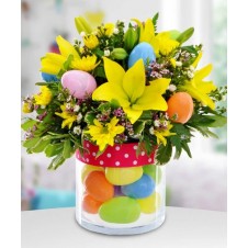 Easter Egg Hunt with Yellow Lillies and Daisies in Vase